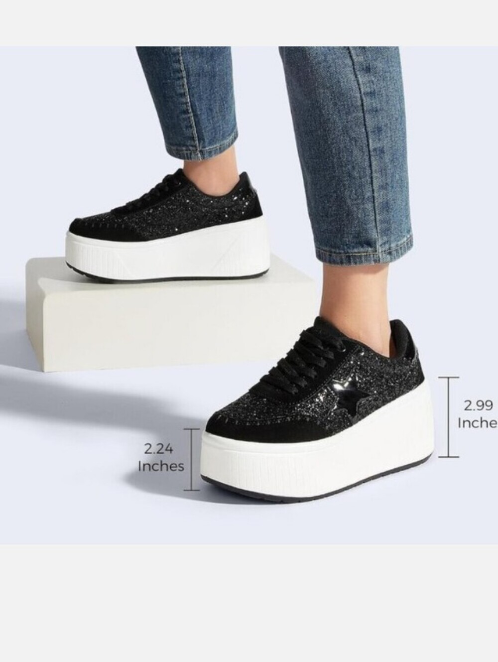 Lucky Step Black Glitter Platform Sneakers for Women - Picture 5 of 13